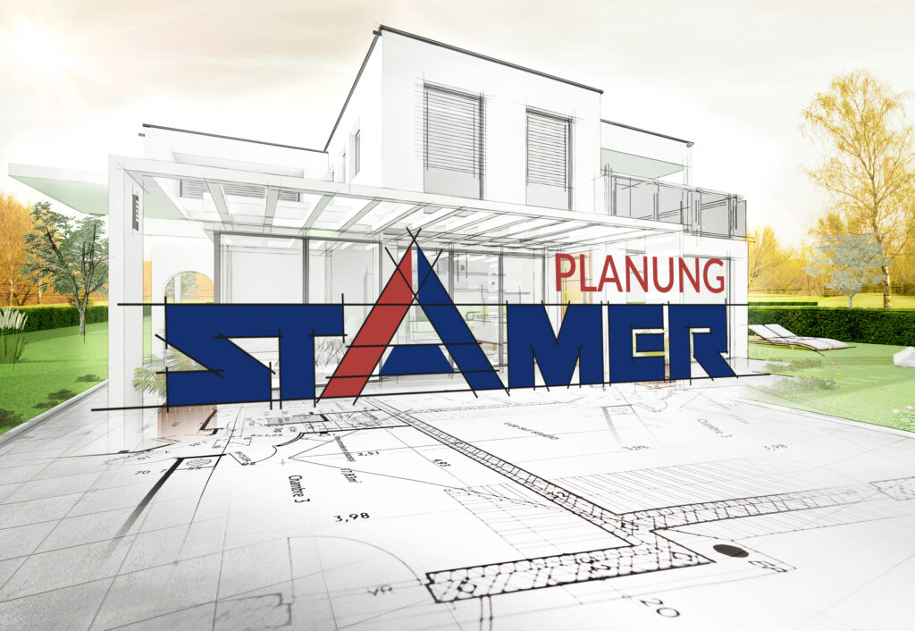 Kombination aus Bauplan, 3D-Modell eines modernen weißen Hauses und dem "STAMER PLANUNG" Logo, das den Prozess von der Planung bis zur Fertigstellung symbolisiert.